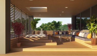 Düz çatılı, modern bir evin 3 boyutlu görüntüsü. Modern mimari. Panoramik pencereli ev. Lüks ev, villa.