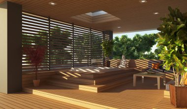 Düz çatılı, modern bir evin 3 boyutlu görüntüsü. Modern mimari. Panoramik pencereli ev. Lüks ev, villa.