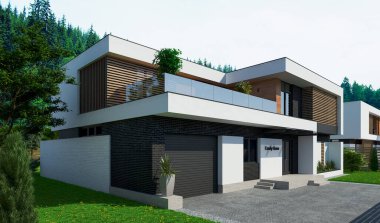 Düz çatılı, modern bir evin 3 boyutlu görüntüsü. Modern mimari. Panoramik pencereli ev. Lüks ev, villa.