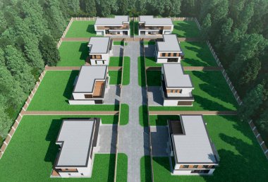 Düz çatılı, modern bir evin 3 boyutlu görüntüsü. Modern mimari. Panoramik pencereli ev. Lüks ev, villa.