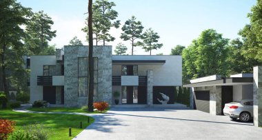Düz çatılı, modern bir evin 3 boyutlu görüntüsü. Modern mimari. Panoramik pencereli ev. Lüks ev, villa.