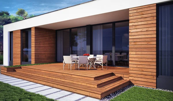 Düz çatılı, modern bir evin 3 boyutlu görüntüsü. Modern mimari. Panoramik pencereli ev. Lüks ev, villa.