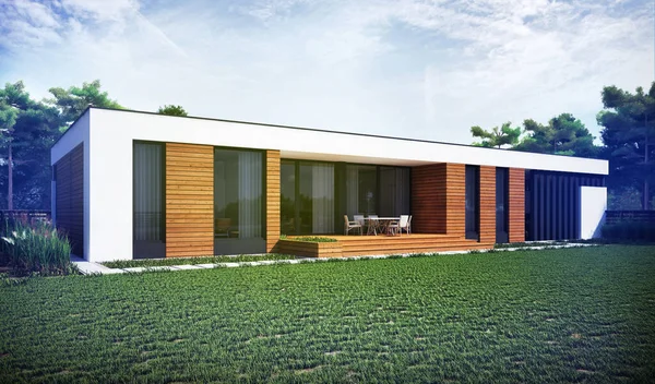 Düz çatılı, modern bir evin 3 boyutlu görüntüsü. Modern mimari. Panoramik pencereli ev. Lüks ev, villa.