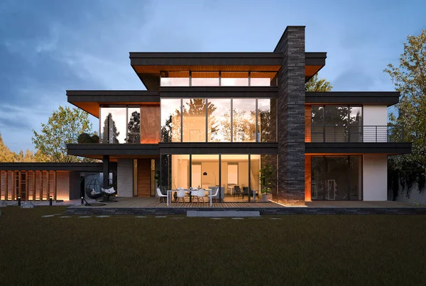 Rendering Eines Modernen Hauses Mit Flachdach Moderne Architektur Haus Mit — Stockfoto