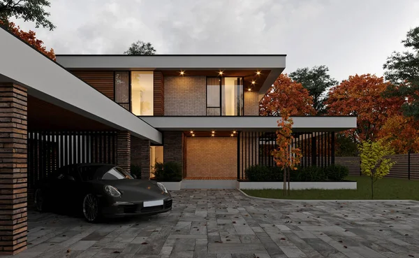 3D渲染了一个有平坦屋顶的现代房屋 现代建筑 有全景窗户的房子 豪华的房子 — 图库照片