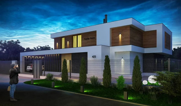 Düz çatılı, modern bir evin 3 boyutlu görüntüsü. Modern mimari. Panoramik pencereli ev. Lüks ev, villa.