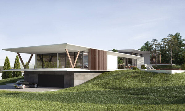 3D рендеринг современного дома с плоской крышей. Современная архитектура. Дом с панорамными окнами. Роскошный дом, вилла