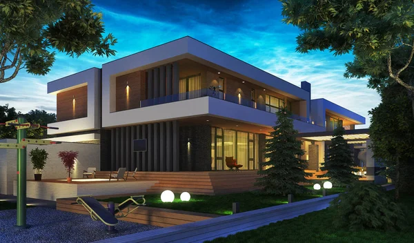 Düz çatılı, modern bir evin 3 boyutlu görüntüsü. Modern mimari. Panoramik pencereli ev. Lüks ev, villa.