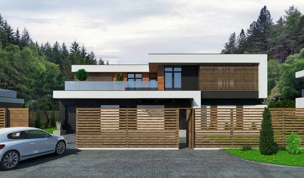 Representación Una Casa Moderna Con Techo Plano Arquitectura Moderna Casa —  Fotos de Stock