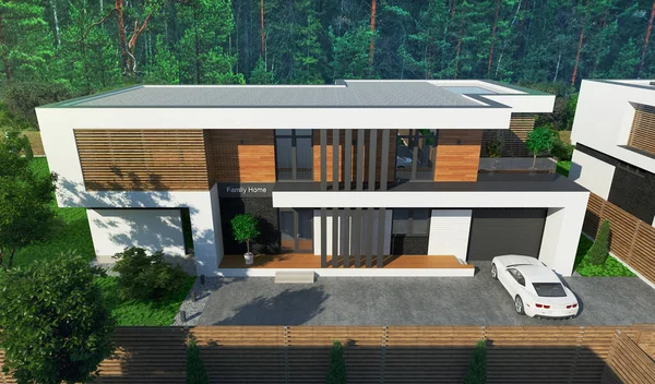 3D rendering of a modern house with a flat roof. Modern architecture. House with panoramic windows. Luxurious house, villa