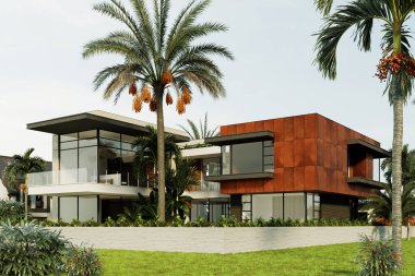 Dubai 'de modern bir villanın 3 boyutlu görüntüsü. Lüks mimari. Modern tarzda bir ev
