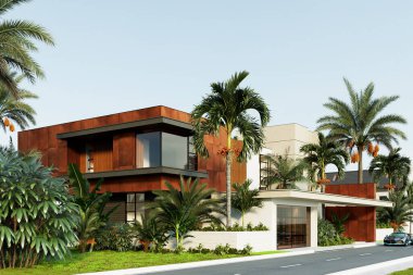 Dubai 'de modern bir villanın 3 boyutlu görüntüsü. Lüks mimari. Modern tarzda bir ev