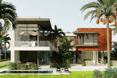 Dubai 'de modern bir villanın 3 boyutlu görüntüsü. Lüks mimari. Modern tarzda bir ev