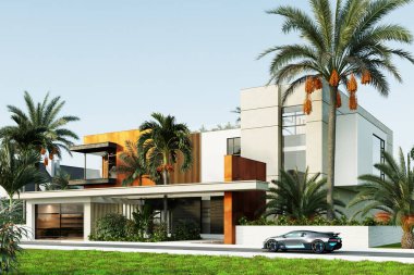 Dubai 'de modern bir villanın 3 boyutlu görüntüsü. Lüks mimari. Modern tarzda bir ev