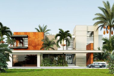 Dubai 'de modern bir villanın 3 boyutlu görüntüsü. Lüks mimari. Modern tarzda bir ev