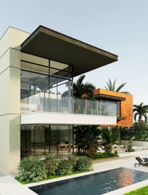 Dubai 'de modern bir villanın 3 boyutlu görüntüsü. Lüks mimari. Modern tarzda bir ev