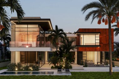 Dubai 'de modern bir villanın 3 boyutlu görüntüsü. Lüks mimari. Modern tarzda bir ev