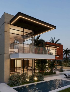 Dubai 'de modern bir villanın 3 boyutlu görüntüsü. Lüks mimari. Modern tarzda bir ev
