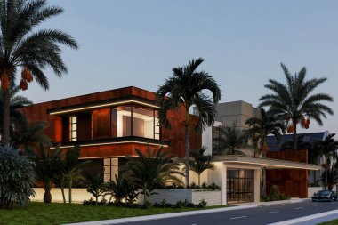 Dubai 'de modern bir villanın 3 boyutlu görüntüsü. Lüks mimari. Modern tarzda bir ev