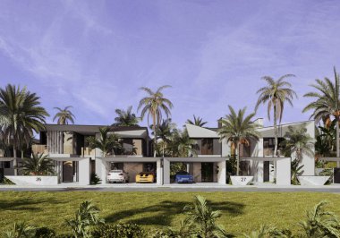 Dubai 'de modern bir villanın 3 boyutlu görüntüsü. Lüks mimari. Modern tarzda bir ev