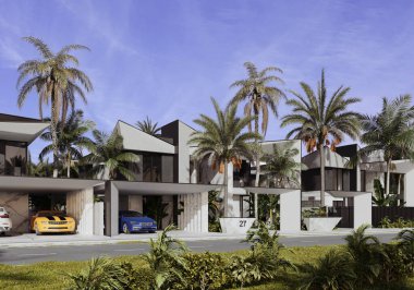 Dubai 'de modern bir villanın 3 boyutlu görüntüsü. Lüks mimari. Modern tarzda bir ev