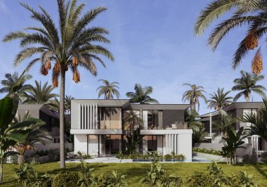 Dubai 'de modern bir villanın 3 boyutlu görüntüsü. Lüks mimari. Modern tarzda bir ev