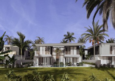 Dubai 'de modern bir villanın 3 boyutlu görüntüsü. Lüks mimari. Modern tarzda bir ev