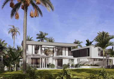 Dubai 'de modern bir villanın 3 boyutlu görüntüsü. Lüks mimari. Modern tarzda bir ev