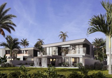 Dubai 'de modern bir villanın 3 boyutlu görüntüsü. Lüks mimari. Modern tarzda bir ev