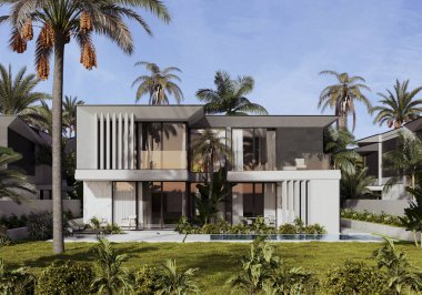 Dubai 'de modern bir villanın 3 boyutlu görüntüsü. Lüks mimari. Modern tarzda bir ev