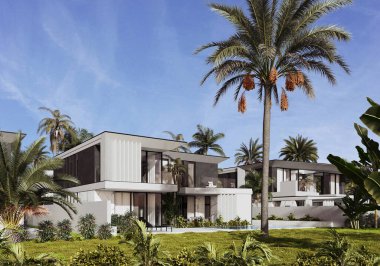 Dubai 'de modern bir villanın 3 boyutlu görüntüsü. Lüks mimari. Modern tarzda bir ev