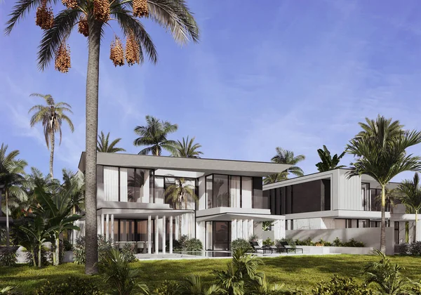 Dubai 'de modern bir villanın 3 boyutlu görüntüsü. Lüks mimari. Modern tarzda bir ev