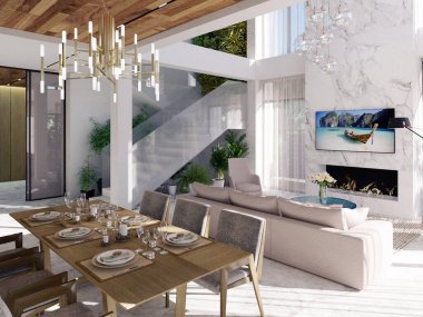 Modern bir iç mekanın 3 boyutlu görüntüsü. Mutfak, yemek odası, oturma odası. iç tasarım