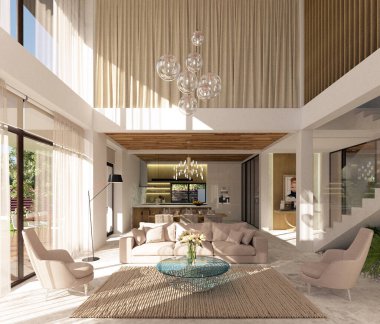 Modern bir iç mekanın 3 boyutlu görüntüsü. Mutfak, yemek odası, oturma odası. iç tasarım