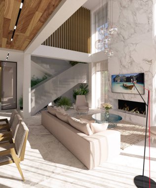 Modern bir iç mekanın 3 boyutlu görüntüsü. Mutfak, yemek odası, oturma odası. iç tasarım