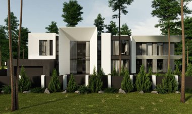 Modern bir evin 3 boyutlu görüntüsü. Ormanda terası olan lüks bir villa. Mimari nesne.
