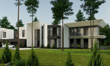Modern bir evin 3 boyutlu görüntüsü. Ormanda terası olan lüks bir villa. Mimari nesne.