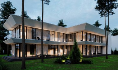 Modern bir evin 3 boyutlu görüntüsü. Ormanda terası olan lüks bir villa. Mimari nesne.