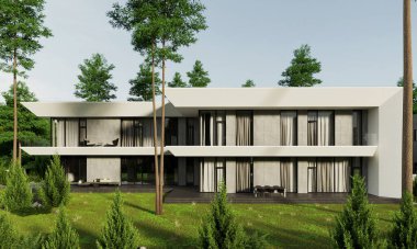 Modern bir evin 3 boyutlu görüntüsü. Ormanda terası olan lüks bir villa. Mimari nesne.