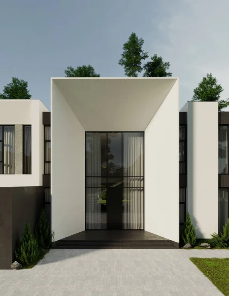3D visualization of a modern house. Luxurious villa with a terrace in the forest. Architectural object.