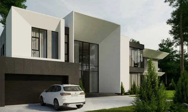 3D visualization of a modern house. Luxurious villa with a terrace in the forest. Architectural object.