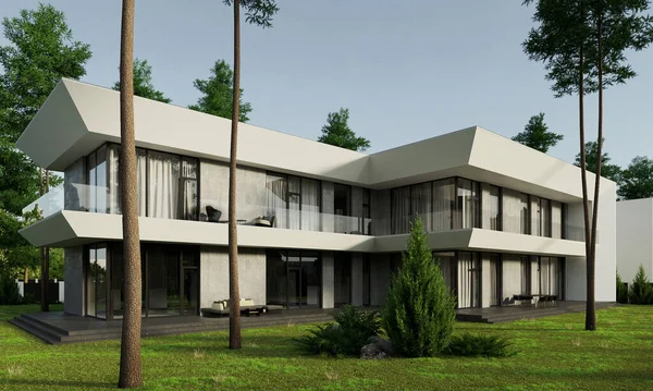 Modern bir evin 3 boyutlu görüntüsü. Ormanda terası olan lüks bir villa. Mimari nesne.