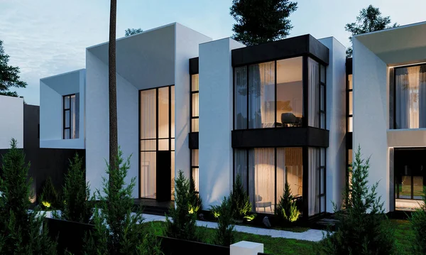 Modern bir evin 3 boyutlu görüntüsü. Ormanda terası olan lüks bir villa. Mimari nesne.