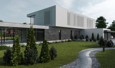 Terası ve gölü olan modern bir evin 3 boyutlu görüntüsü. Benzersiz görünüşlü lüks bir villa. mimari nesne.