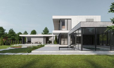Terası ve gölü olan modern bir evin 3 boyutlu görüntüsü. Benzersiz görünüşlü lüks bir villa. mimari nesne.