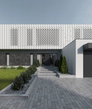 Terası ve gölü olan modern bir evin 3 boyutlu görüntüsü. Benzersiz görünüşlü lüks bir villa. mimari nesne.
