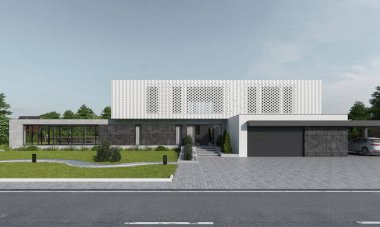 Terası ve gölü olan modern bir evin 3 boyutlu görüntüsü. Benzersiz görünüşlü lüks bir villa. mimari nesne.