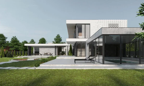 Visualização Uma Casa Moderna Com Terraço Lago Local Moradia Luxuosa — Fotografia de Stock