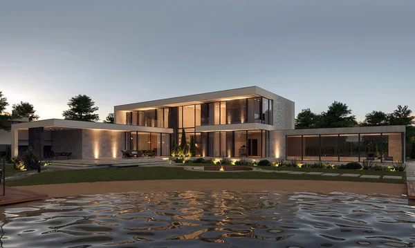 Visualization Modern House Terrace Lake Site Luxurious Villa Unique Facade — Stock Photo, Image