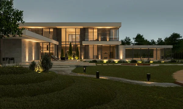 Terası ve gölü olan modern bir evin 3 boyutlu görüntüsü. Benzersiz görünüşlü lüks bir villa. mimari nesne.